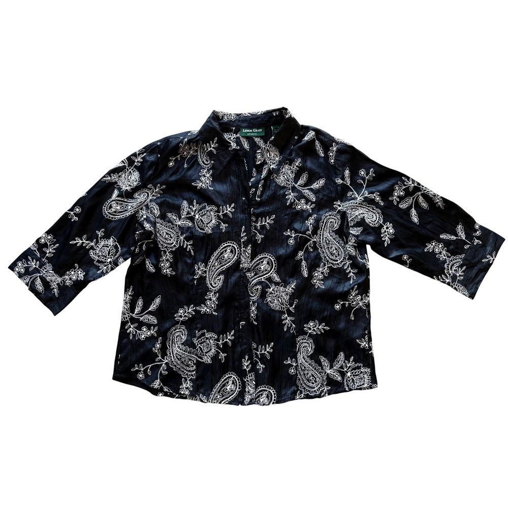 Lemon Grass Studio Button Down Blouse Black White Paisley Embroidered Womens Lrg
